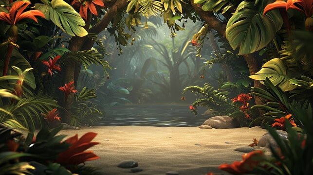 Lush Tropical Jungle Landscape with Red Flowers and Sandy Beach