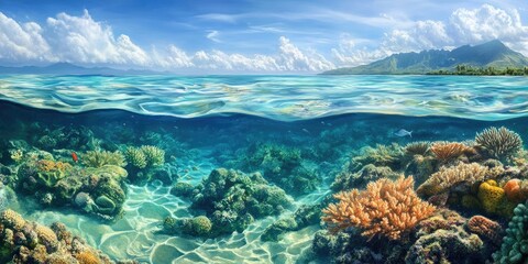 Fototapeta premium Tranquil seascape featuring vibrant coral reef with turquoise water and sunlight filtering through in the foreground, mountains in the background.