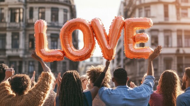 Inclusive Celebration Portraits Diverse Group with Pastel LOVE Balloons - Social Event Stock for LGBTQ+ Pride and Joyful Community Gatherings - Powered by Adobe