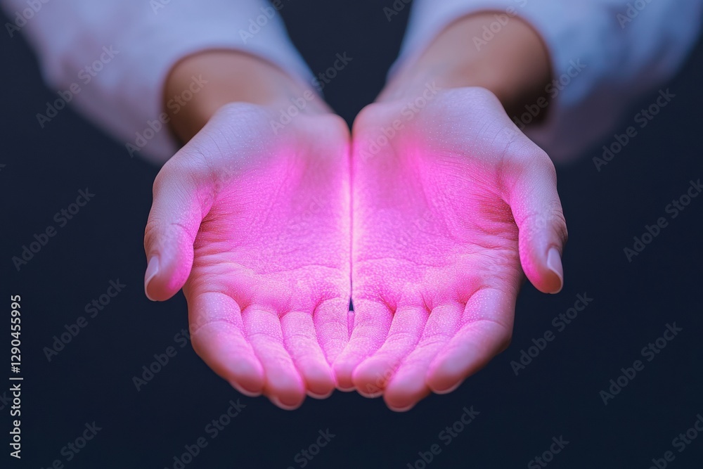 Aufkleber Futuristic Holographic Display Interactive Hands with Neon Glow in Modern Workspace - Cutting-Edge Tech Content and Digital Innovation for Business Solutions