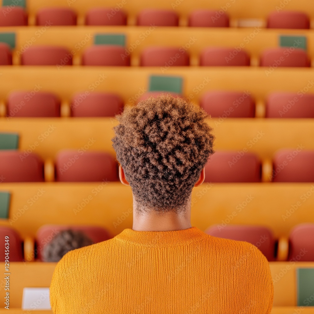 Poster contemporary academic engagement diverse student in textured lecture hall rows with notes - modern l