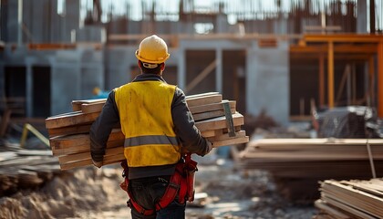 Construction Worker Carrying Wood Planks on Building Site in Safety Gear