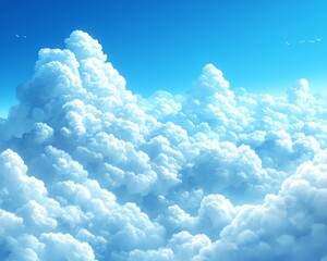 Naklejka premium Fluffy cloudscape, aerial view, bright sky, sunny day, stock image