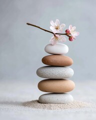 Zen Balance in Minimalist Design Smooth Stones and Cherry Blossoms on Natural Sand for Mindful Spa Marketing and Harmonious Lifestyle Branding