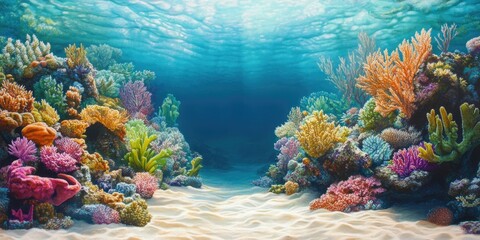 Naklejka premium Vibrant underwater scene showcasing colorful coral reefs in various hues of pink, orange, yellow, and green against a blue ocean backdrop.