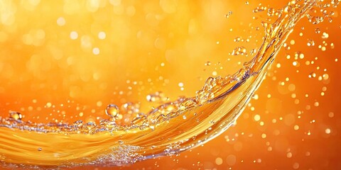 Vibrant splash of liquid with shimmering droplets against a warm orange bokeh background highlighting dynamic movement and fluidity.