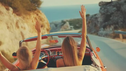 Two young women raising hands while driving in a vintage convertible car on a coastal road. Summer road trip and travel concept - Powered by Adobe