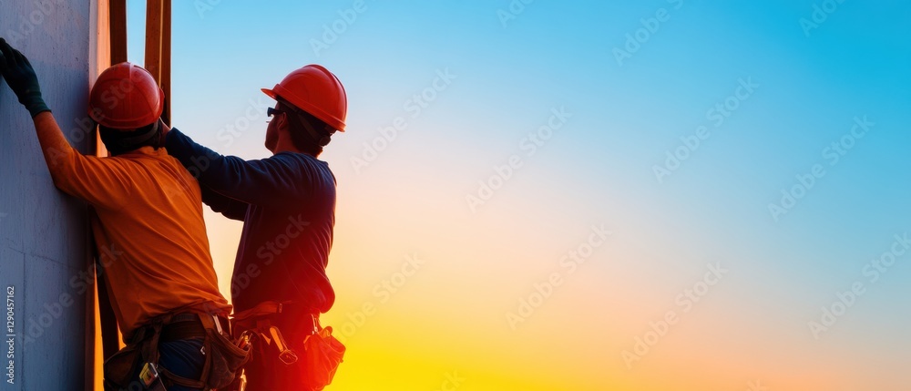 Fototapete sunset silhouette of engineers construction workers with blueprints in industrial setting - bold mar