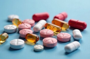 Various pills and capsules scattered on a blue background, representing pharmaceutical medicine and healthcare concepts