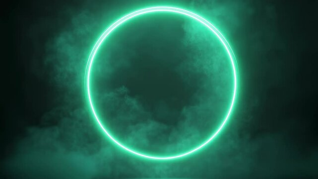 Glowing neon green circle ring in dark cloudy sky. Mystical portal effect with ethereal smoke. Futuristic sci-fi concept for cosmic background design with copy space