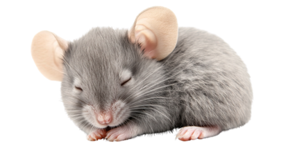 An adorable baby mouse with soft, light gray fur and oversized ears, isolated on a transparent background. The mouse is curled up in a ball, looking sleepy and content.