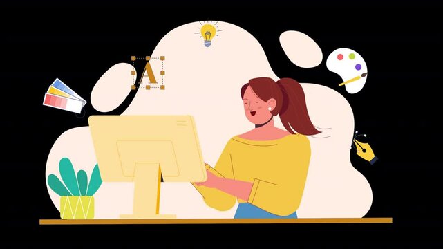 Flat character scene animation showing a graphic designer working on a computer, creating designs, and interacting with digital tools like Adobe Photoshop or Illustrator.