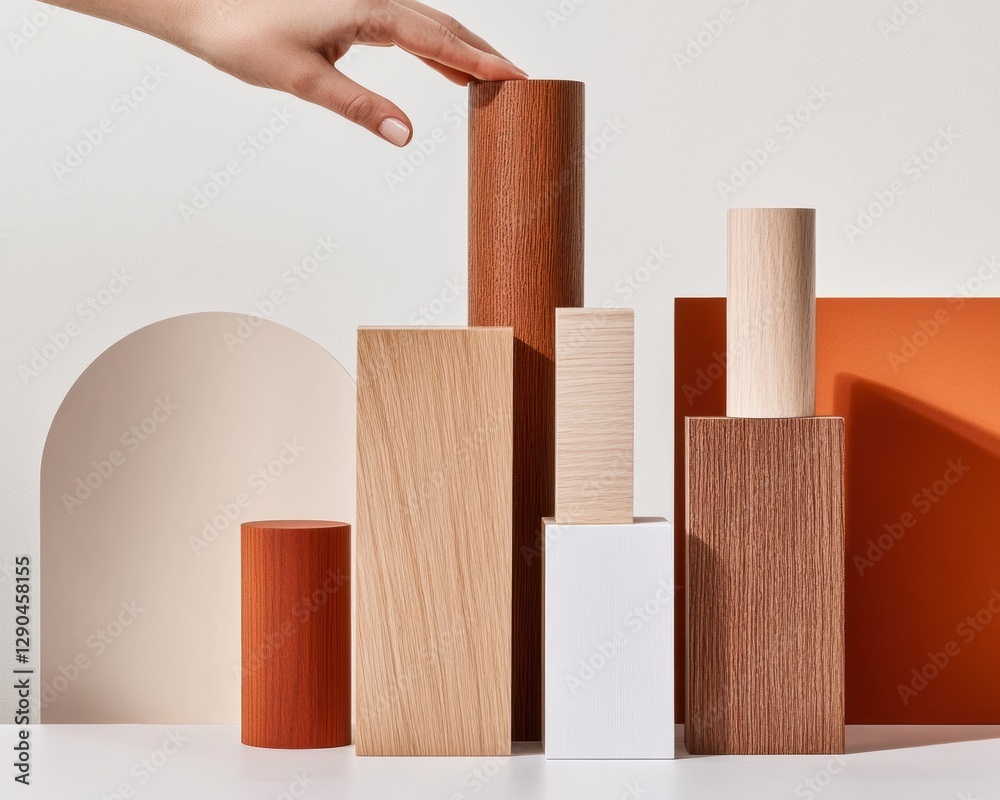 Aufkleber minimalist wood texture design ascending block stairs on office desk for business growth visuals and