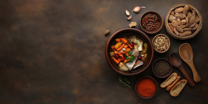 Rustic Culinary Presentation Hearty Seafood Soup in Ceramic Bowl with Fresh Vegetables and Artisan Bread - Culinary Content Creation for Authentic Comfort Food and Gourmet Catering