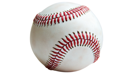 A baseball , showcasing its pristine white leather surface, bold red double stitching, and slightly textured grain isolated on white background.. Suitable for marketing or business purposes. PNG file