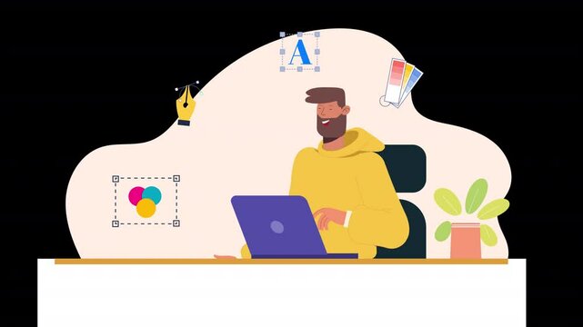 Flat vector scene animation illustrating the process of graphic design, with characters designing graphics, editing visual elements, and presenting their work to clients.