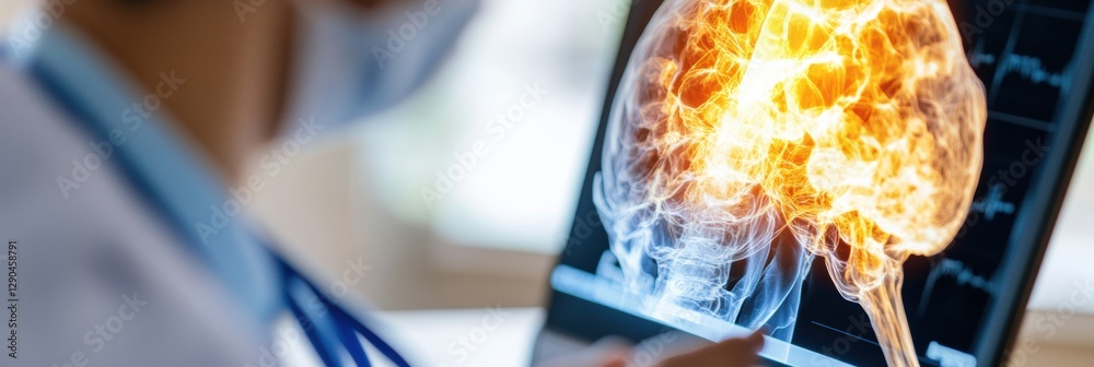 Poster contemporary healthcare analysis tech-driven team reviewing ai-enhanced brain imagery on digital dis