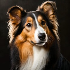 Tri-color Collie Dog Portrait Close-up, Digital Painting, Long Hair, Dark Background, Canine Collie, Dog Portrait