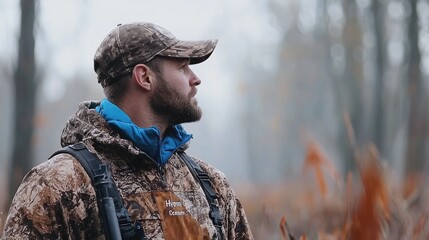 Hunter in camouflage attire, autumn forest