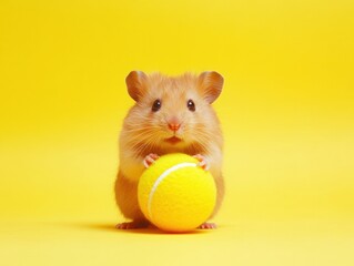 Vibrant Studio Minimalism Hamster and Tennis Ball Scale Display on Yellow - Dynamic Pet Lifestyle Advertising and Playful Brand Engagement