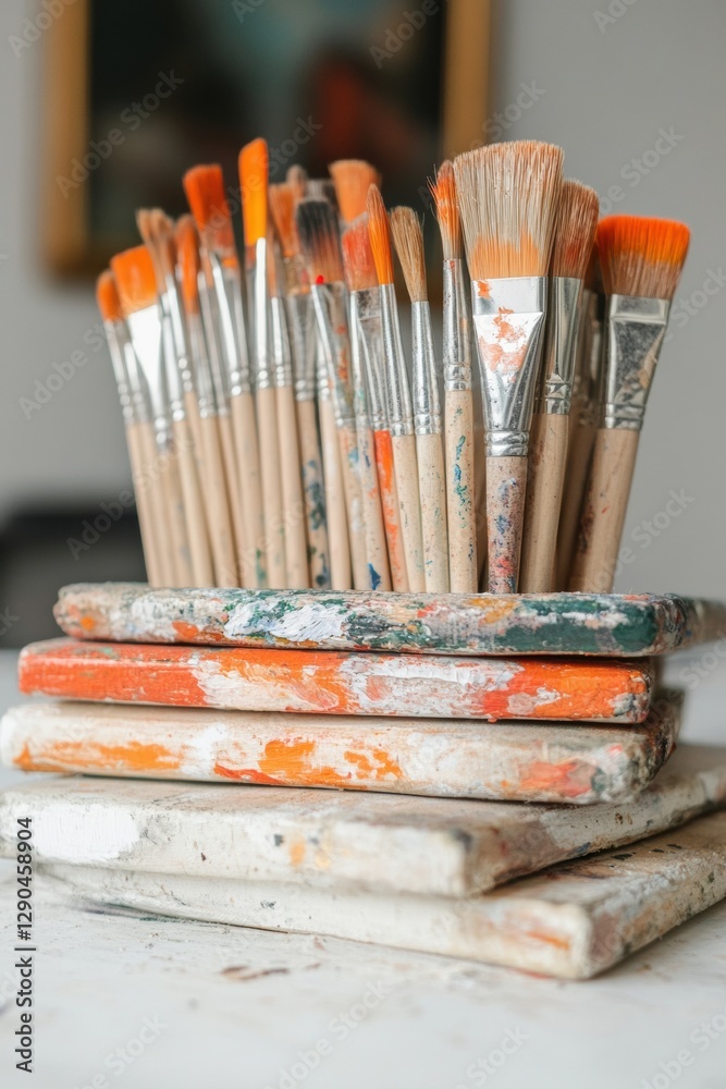 Aufkleber Artisanal Paintbrush Display Textured Bristle Brushes and Canvas Stacks in Studio Setting - Dynamic Content for Creative Industries and Artisanal Brand Promotion