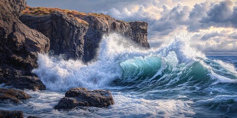 Dynamic coastal scene depicting powerful turquoise waves crashing against rugged gray cliffs under a dramatic sky with soft clouds.