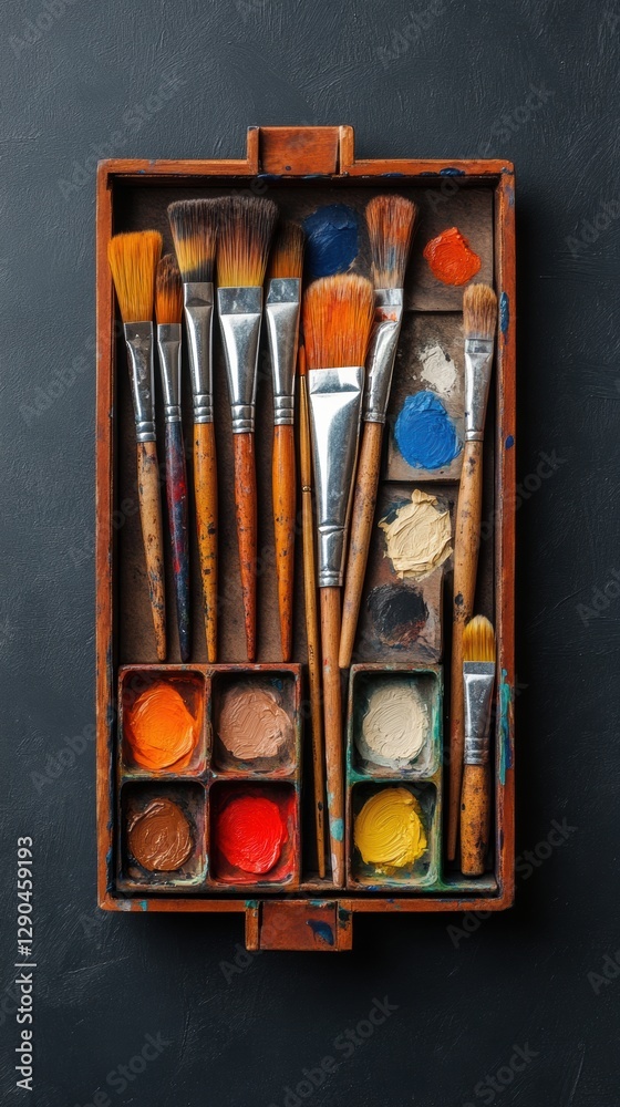 Poster rustic art supply storage wooden box with brushes and paints - creative workspace optimization for a
