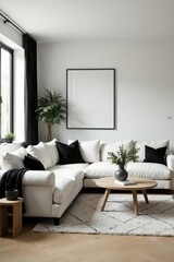 Fototapeta premium Bright Scandinavian living space, black and white accents, wooden details, apartment, black and white