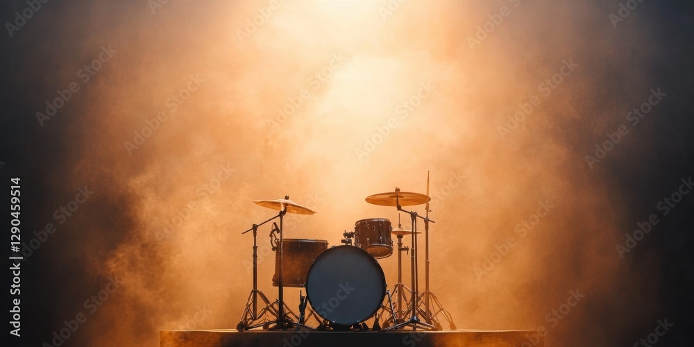 Poster ambient stage drum kit setup atmospheric smoke effects and minimalist design - enhancing live music 