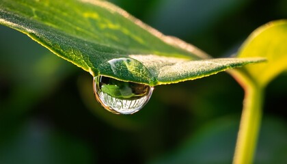 Macro shot of a droplet on a leaf, acting as a tiny magnifying glass. The water droplet magnifies the leaf's intricate veins, creating a unique and detailed view of nature's design.