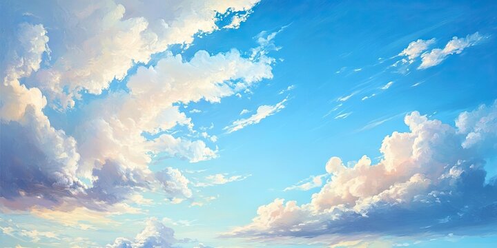 Vibrant clouds in soft white and pink hues against a bright blue sky create a serene and uplifting atmosphere in a picturesque landscape scene