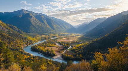 Fototapeta premium Autumn River Valley Panorama with Golden Foliage and Sunlight