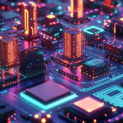 Obraz premium 3D rendering of an isometric futuristic scene with neon light-glowing computer chips and buildings on a circuit board background (1)