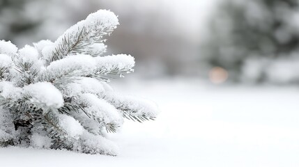 Snowy pine branch, winter landscape, blurred background, Christmas card