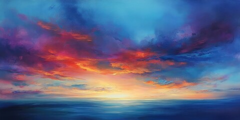 Fototapeta premium Vibrant sunset seascape featuring deep blue sky with fiery orange and red clouds reflected on calm waters creating a serene atmosphere