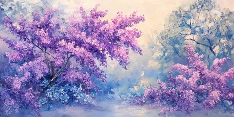 Obraz premium Serene landscape with blooming purple and blue trees against a soft pastel background, showcasing vibrant flowers in a dreamy atmosphere.