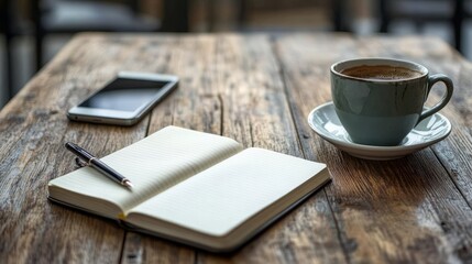 Open notebook on a wooden table with a cup of coffee, a pen, and a smartphone 