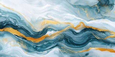 Obraz premium Elegant abstract artwork featuring smooth flowing brush strokes of teal and gold against a soft white background creating a harmonious balance.