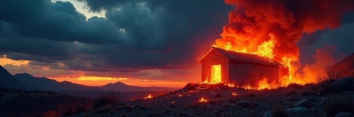 Fiery inferno engulfs structure under stormy sky , inferno, city, light