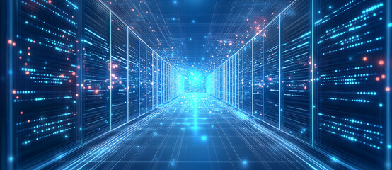 Obraz premium Blue glowing light, data center background banner with server room in dark. Big digital technology concept for web design. Big digital technology concept for web design