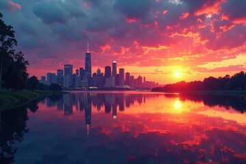 Fototapeta premium Fiery sunset paints city skyline reflected in still lake, urban scene, serene