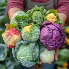 Obraz premium Colorful Assortment of Freshly Harvested Cabbages Cauliflowers and Red Cabbage in Farmer s Hands