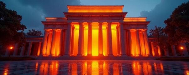 Obraz premium Giant orange glow illuminates grand building entrance, mystery, hallway, glow