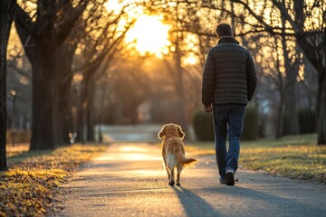 A man takes a peaceful evening walk with his dog along a tree-lined path, The dog happily wags its tail with every step, Generative AI