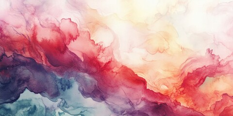 Fototapeta premium Abstract watercolor background featuring soft hues of red, pink, and blue swirling together with ethereal textures for banners and artistic designs.