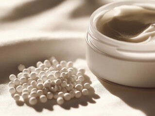 Open jar of skincare cream with white urea granules, soft shadows, natural lighting