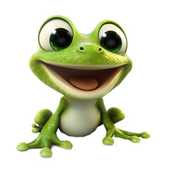 A cute cartoon frog with big eyes, smiling and sitting on the ground.