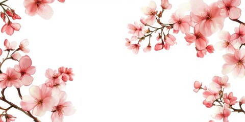 Blossoming cherry branches in soft pink hues frame a clean white background, creating a serene postcard design with space for personalized text.