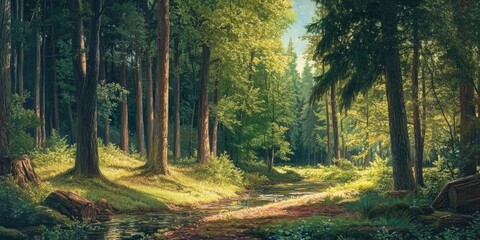 Obraz premium Lush summer forest scene with vibrant green trees and softly illuminated stream, providing a serene landscape of natural beauty and tranquility.