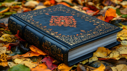 Ornate Book Among Autumn Leaves